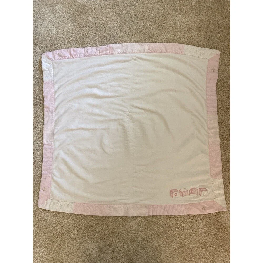 Vintage 2002 Gymboree Baby Girl Blanket Pink White Patchwork Embroidered Blocks